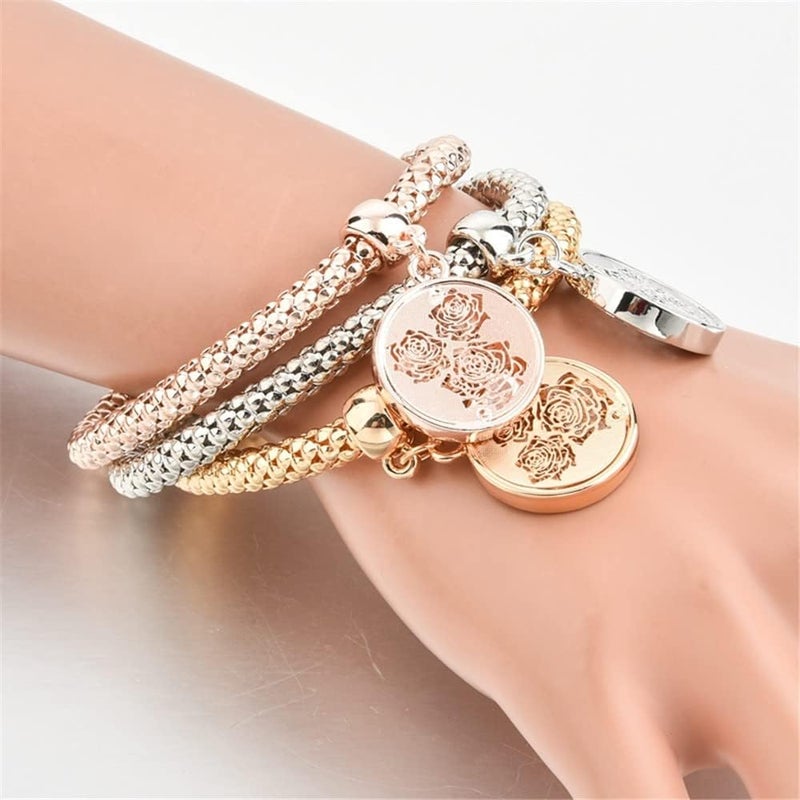 SILANER Crystal Charms Multilayer Bracelets - 3PCS Gold/Silver/Rose Gold Corn Chain Bracelet for Women, Tree of Life Heart Shaped Stretch Bracelet - Image 4
